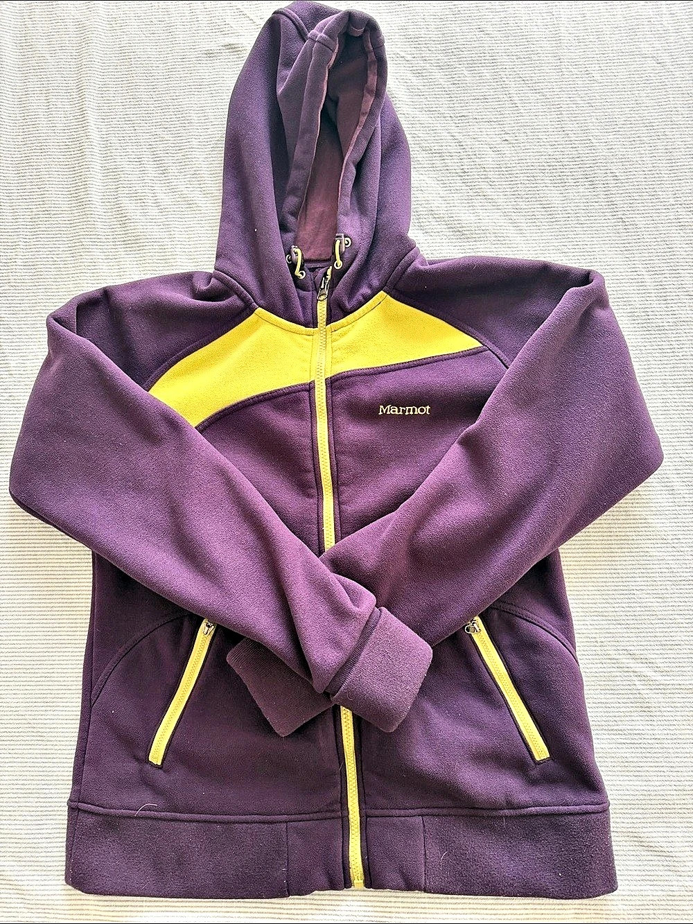 Marmot Color Block Hooded Jacket in Purple & Yellow